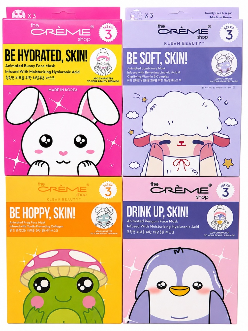 The Creme Shop Animal Face Masks 12 Pc Bunny Lamb Frog Penguin K Beauty NEW